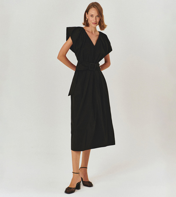 Belted V-Neck Midi Dress