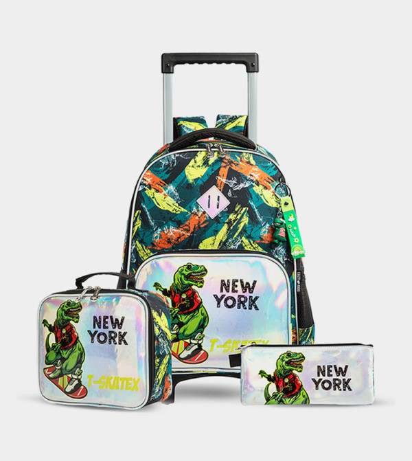 Eazy Kids - 17" Set of 3 Trolley School Bag Lunch Bag , Pencil Case New York Dinosaur - Green