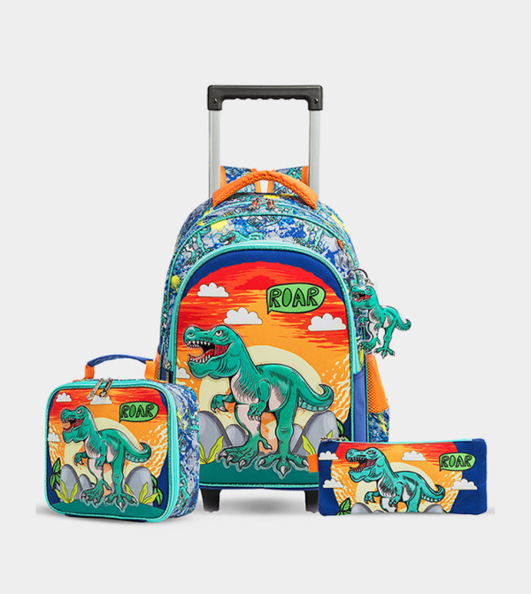 حقيبة مدرسة بعجلات وحقيبة غداء ومقلمية بطبعة 