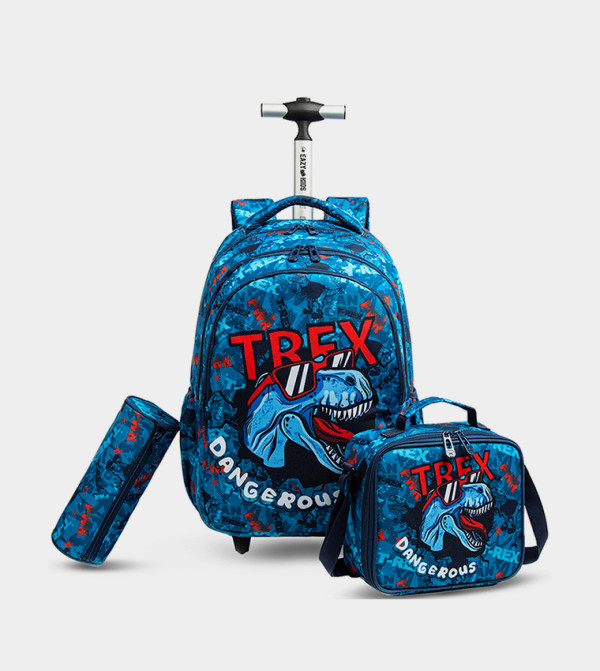 Set of 3 Dinosaur Text Trolley School Bag Lunch Bag and Pencil Case, 18 Inch