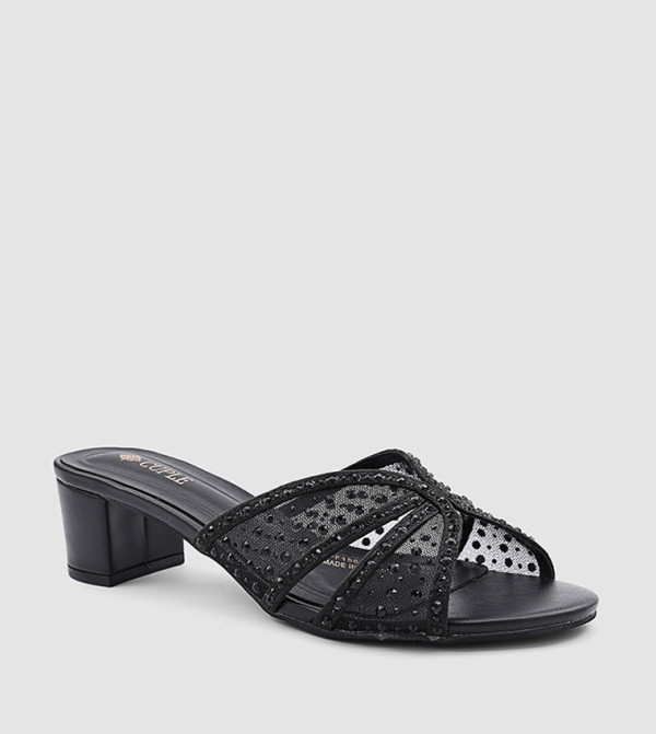 Embellished Mesh Block Heel Sandals