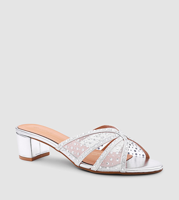 Embellished Mesh Block Heel Sandals