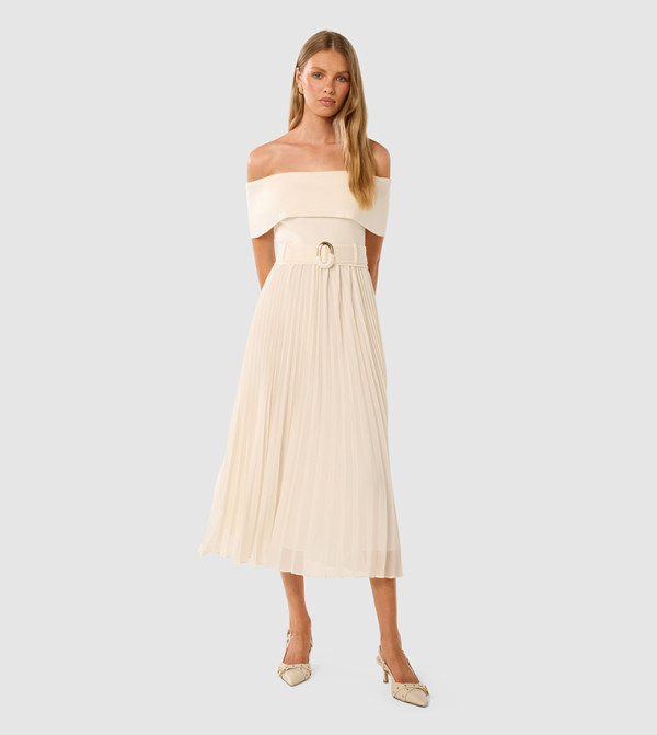 CAPRI Bardot Pleated Hem Midi Dress
