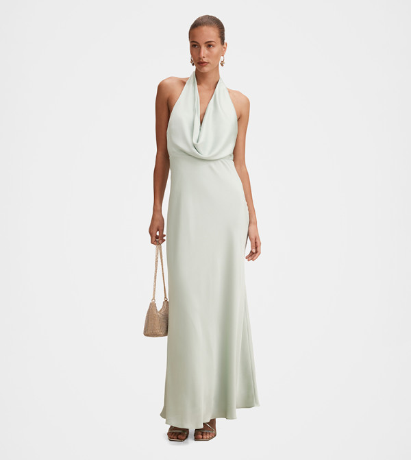 BECCA Solid Cowl Halterneck Satin Maxi Dress