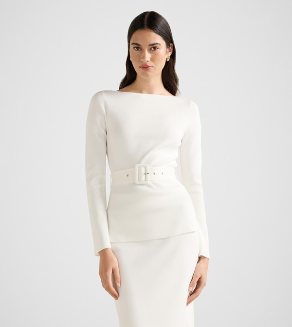 FN ARABELLA Ribbed Belted Long Sleeves Knit Top