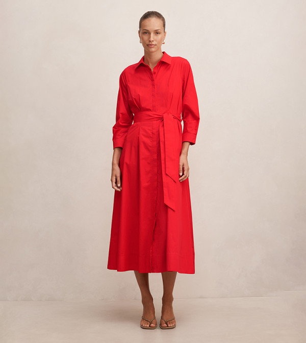 SALLY Solid 3/4 Sleeves Cotton Shirt Dress