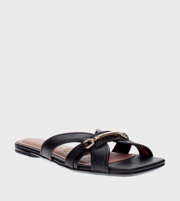 Metal Accent Square Toe Flat Sandals