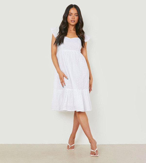 Broderie Puff Sleeves Bardot Midi Dress