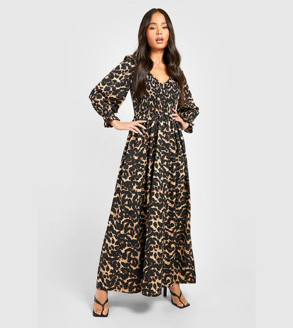 Leopard Shirred Detail Maxi Dress