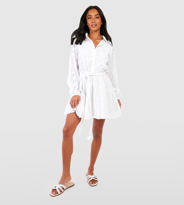 Broderie Belted Skater Shirt Dress