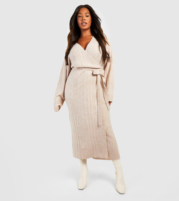Plus Mixed Rib Wrap Jumper Dress