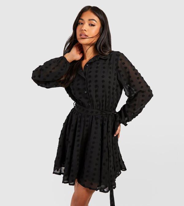 Petite Dobby Belted Skater Dress