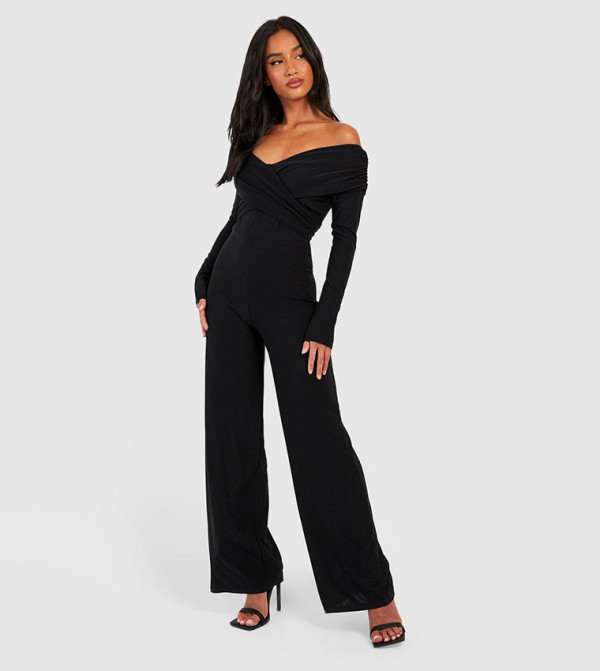 Petite Premium Slinky Twist Front Bardot Jumpsuit