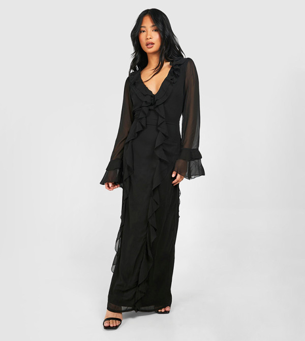 Petite Plunge Ruffle Flare Sleeves Woven Maxi Dress