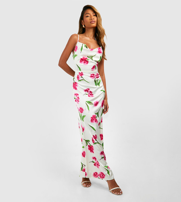 Floral Satin Midi Cowl Slip Dress