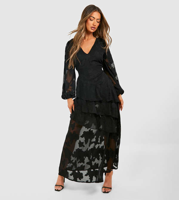 Burnout Floral Frill Detail Maxi Dress