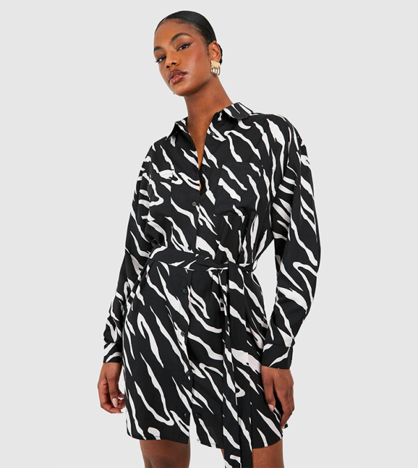 Tall Woven Zebra Belted Shirt Dress