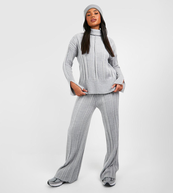 Soft Mixed Ribbed Knit Wide Leg Trousers