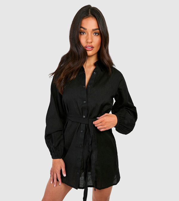 Petite Linen Belted Shirt Dress