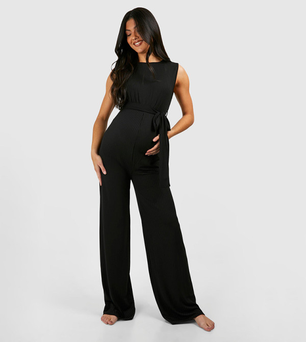 Ribbed Belted Sleeveless Lounge Maternity Jumpsuit
