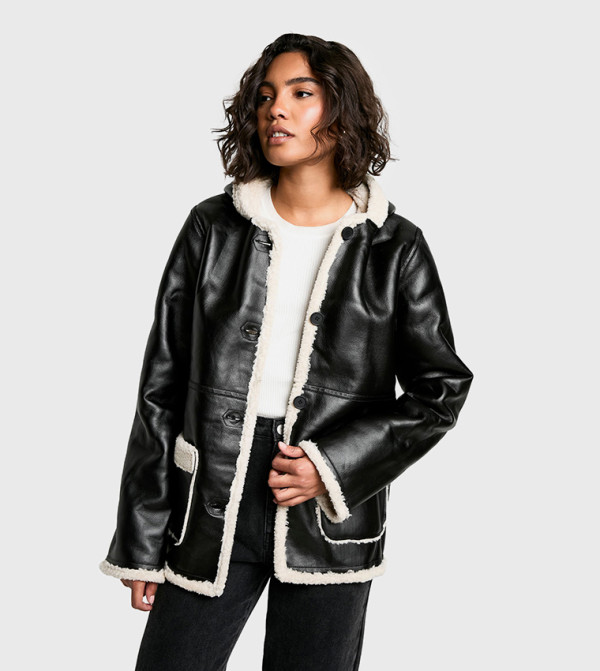 Tall Borg Lined Faux Leather Hooded Coat