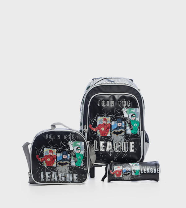 هوليود ماجيك حقيبة بعجلات بطبعة جستس ليغ مع حقيبة غداء ومقلمة