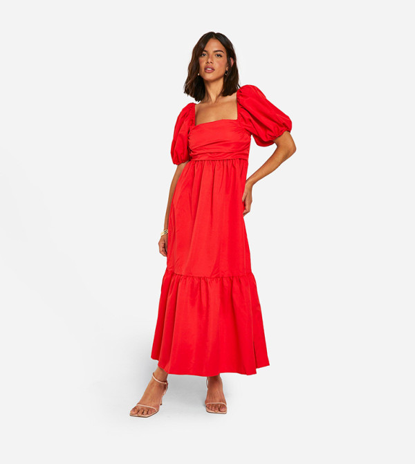 Solid Puff Sleeves Maxi Dress