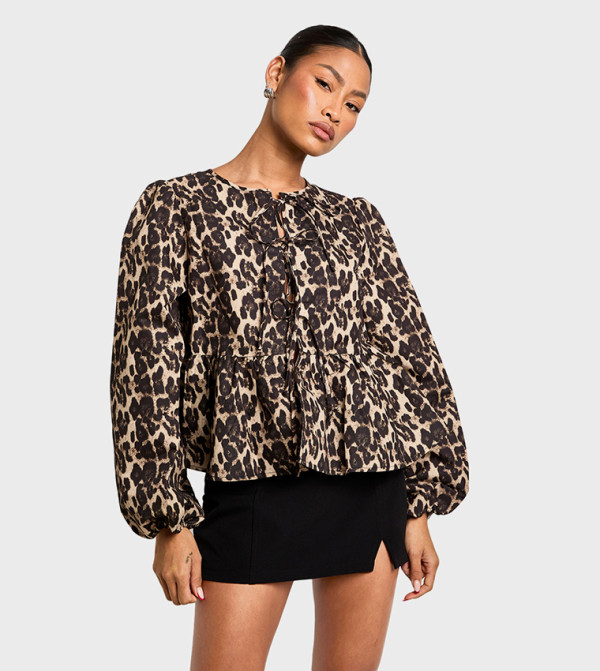 Leopard Print Tie Front Puff Long Sleeves Smock Top