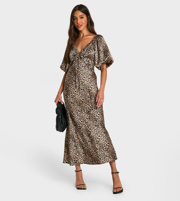 Leopard Puff Sleeves Midaxi Dress