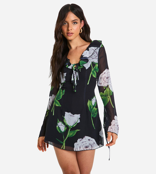 Floral Print Chiffon Ruffle Shift Mini Dress