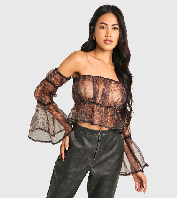 Organza Leopard Print Bardot Crop Smock Top