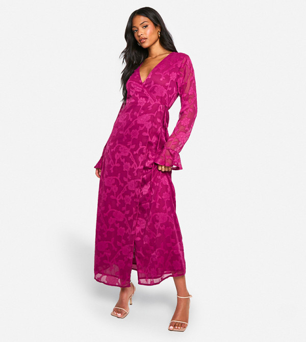 Tall Burnout Floral Print Ruffle Wrap Midi Dress