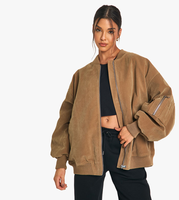 Vintage Suede Look Oversized Bomber Jacket