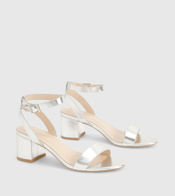 Metallic Ankle Strap Low Block Heel Sandals
