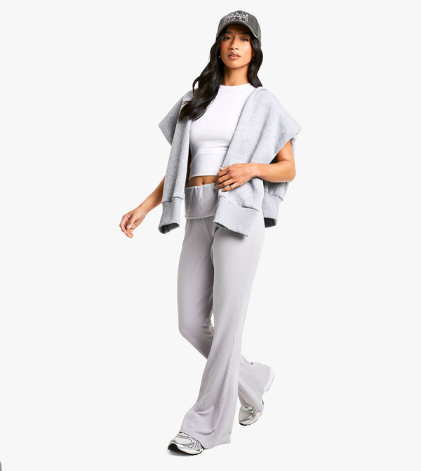Petite Fold Over Waistband Soft Rib Flared Trousers