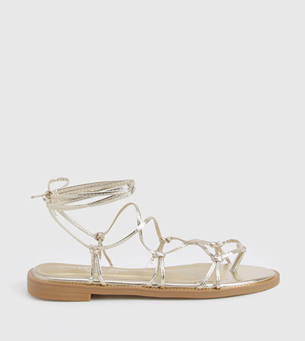 Caged Detail Tie Up Flat Sandals