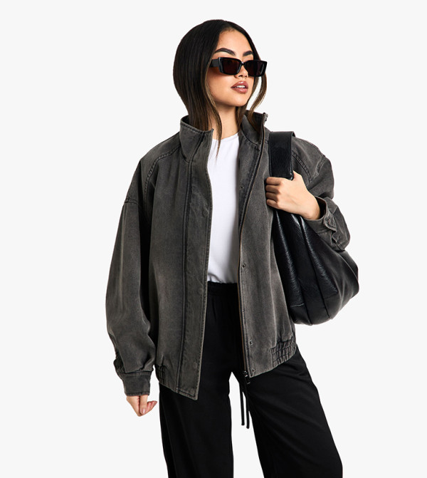 Washed Oversized Denim Bomber Jacket