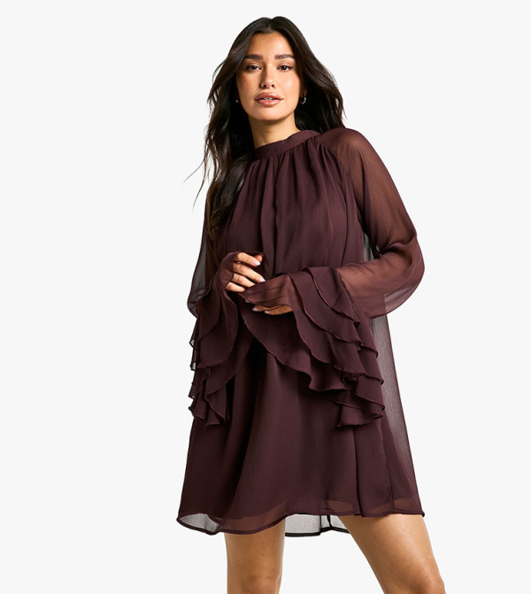 Tall High Neck Volume Sleeves Chiffon Smock Dress