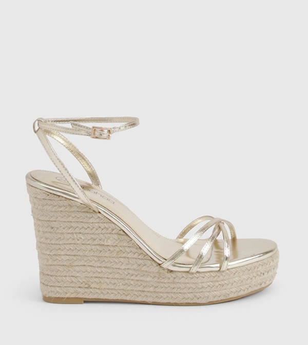 Metallic Crossover Strap Wedge Sandals