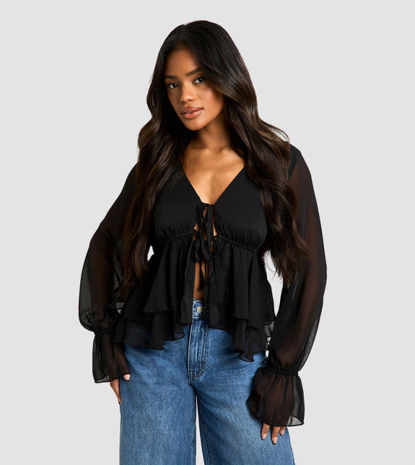 Solid Ruffled Flared Sleeves Top
