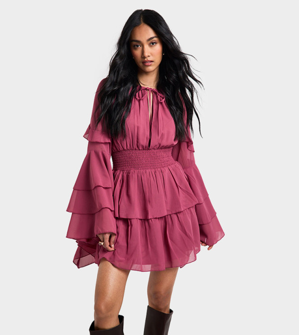 Chiffon Long Sleeves Ruffle Mini Dress