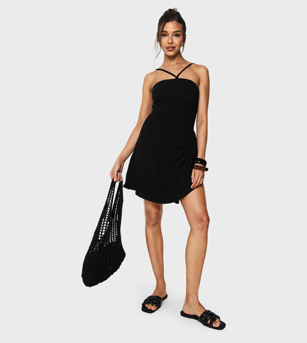 Linen Look Drape Wrap Mini Dress