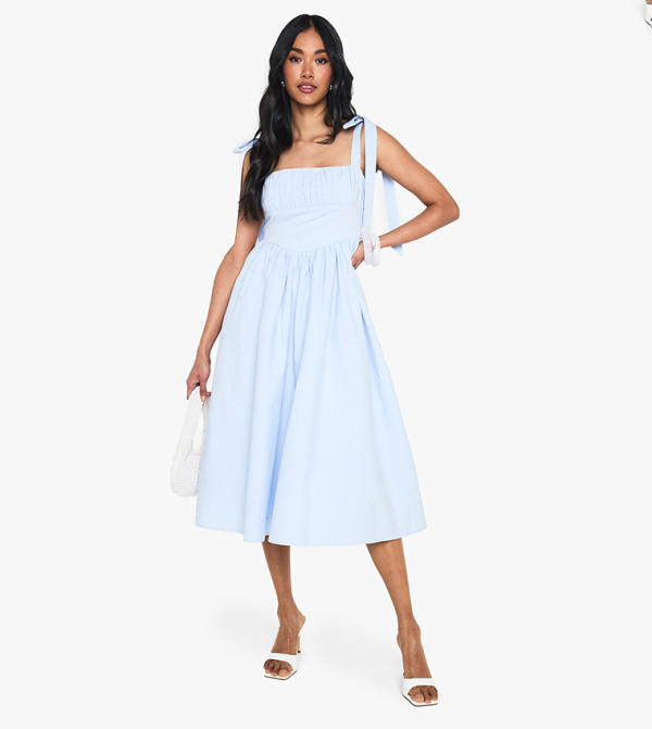 Cotton Ruched Bust Shoulder Tie Midi Dress