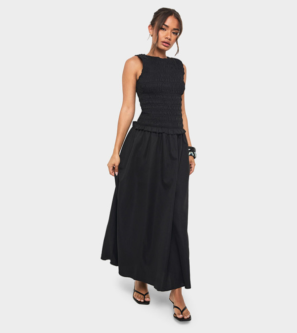 Shirred Drop Waist Crew Neck Maxi Dress