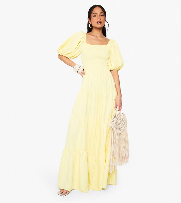 Extreme Puff Sleeves Shirred Maxi Smock Dress