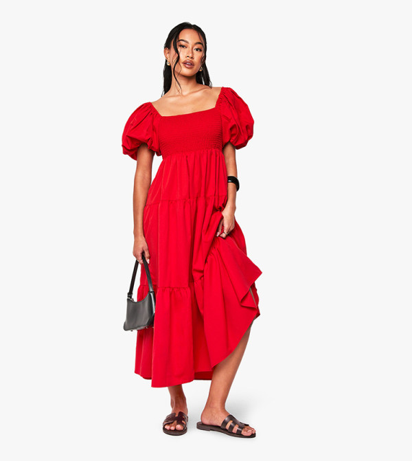 Tiered Shirred Midaxi Smock Dress