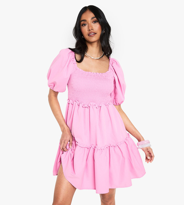 Puff Sleeves Shirred Tiered Smock Mini Dress