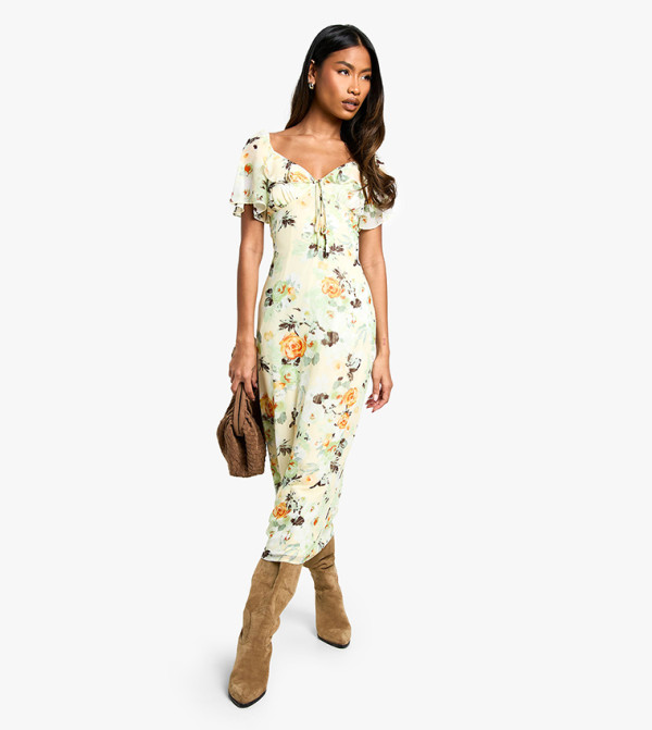 Floral Printed Flared Sleeves Midaxi Dress