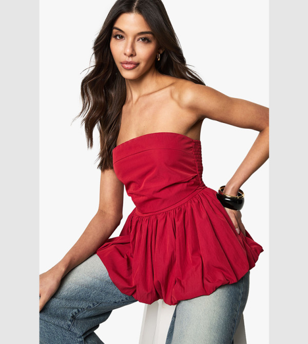 Shirred Back Peplum Puffball Strapless Top