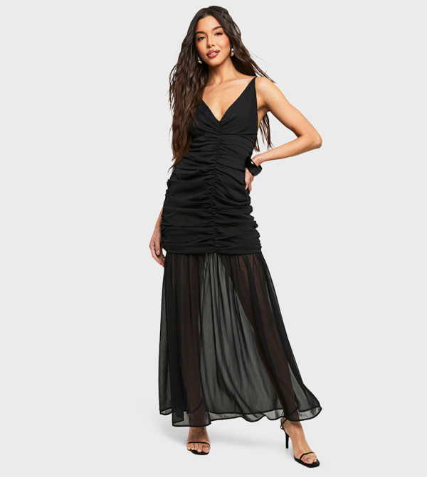 Chiffon Ruched Plunge Maxi Dress